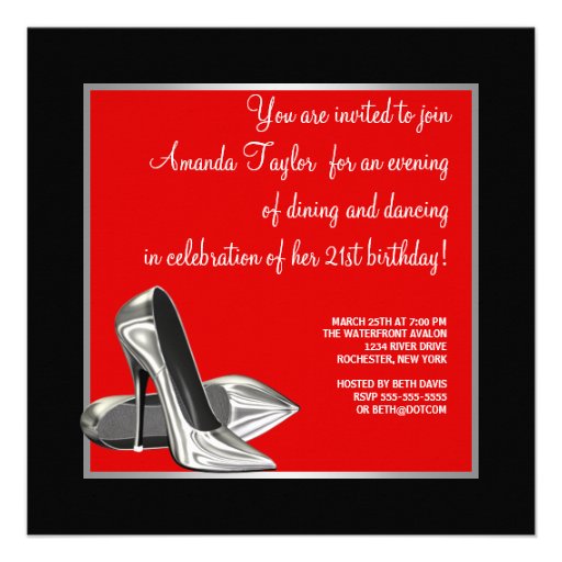 High Heels Womans Red Black  Birthday Party Personalized Invites