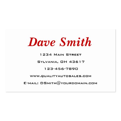 High Performance Auto Sales & Service Business Card (back side)
