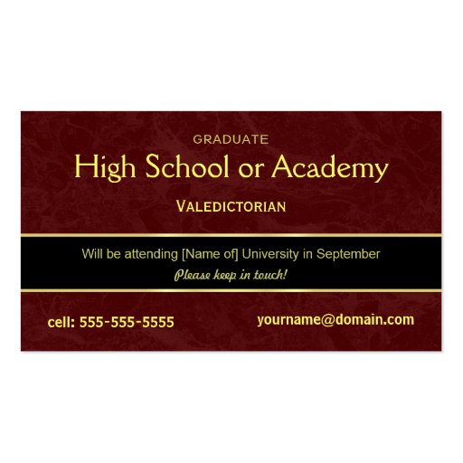 High School Graduation Name Cards - 2010 Business Card Templates (back side)