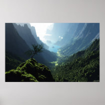 valley, spring, highland, mountains, flower, grass, trees, desktop wallpaper, Plakat med brugerdefineret grafisk design