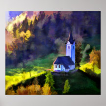 Hilltop Church in the Mist Posters