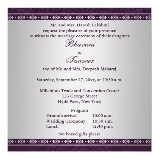 Hindu Ganesh Purple, Silver Scrolls Wedding Invite