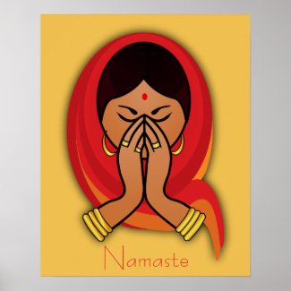 Hindu Woman with Head Scarf in Namaste Greeting position with red dot bindi on her forehead Poster