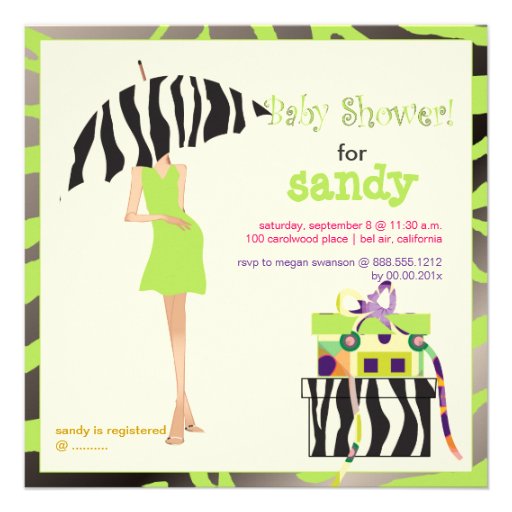 Hip mama, lime green zebra baby shower invite