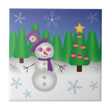 Hippie Christmas Snowman Ceramic Tile