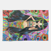 Hippie Girl Mermaid Flashing Peace Sign Kitchen Towel