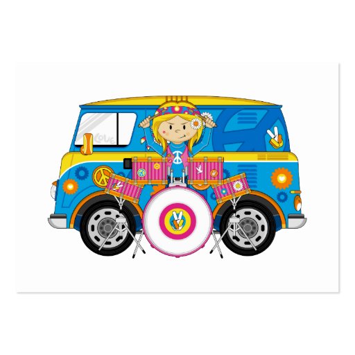 Hippie Girl with Drums and Camper Van Business Cards