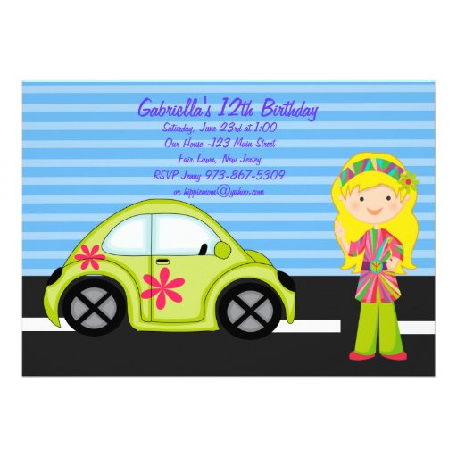 Hippie Girl with Green Buggy Birthday Invitation