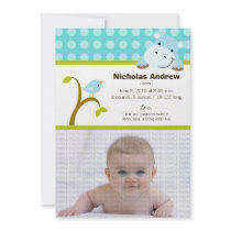 Hippo and Birdie Baby Birth Announcement (blue) invitations