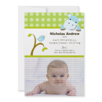 Hippo and Birdie Baby Birth Announcement (green) invitations
