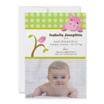 Hippo and Birdie Baby Birth Announcement (green) invitations