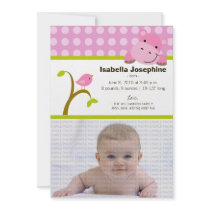 Hippo and Birdie Baby Birth Announcement (pink) invitations