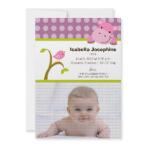 Hippo and Birdie Baby Birth Announcement (purple) invitations