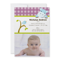 Hippo and Birdie Baby Birth Announcement (purple) invitations