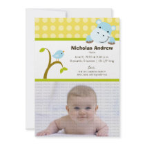 Hippo and Birdie Baby Birth Announcement (yellow) invitations