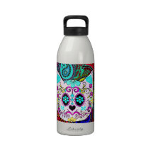 Hipster Cat Sugar Skull Teal Pink Retro Paisley Water Bottle