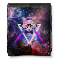 Hipster galaxy cat drawstring bags