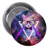kitty, space, hipster, cool, cat, glasses, universe, geek, nerd, kitty gift, geeky, nebula, eye of providence, hipster cat, spacy kitty, lasers, kitten, tribal, triangle, pattern, aztec, geometrically, providence, hip, fun, animal, button, Botão/pin com design gráfico personalizado