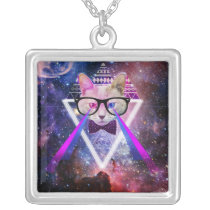 cat, space, hipster, cool, glasses, kitten, galaxy, hipster cat, geek, nerd, cute, kitten gift, geeky, nebula, universe, eye of providence, hipster gift, spacy kitty, lasers, tribal, triangle, pattern, aztec, geometrically, providence, hip, fun, animal, necklace, Colar com design gráfico personalizado