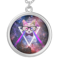 cat, space, hipster, cool, geek, geometric, funny, nerd, hip, kitty, glasses, universe, geeky, nebula, eye of providence, hipster cat, spacy kitty, lasers, kitten, tribal, triangle, pattern, aztec, providence, fun, animal, necklace, Colar com design gráfico personalizado