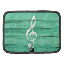 Hipster White Music Note Girly Turquoise Wood Folio Planner