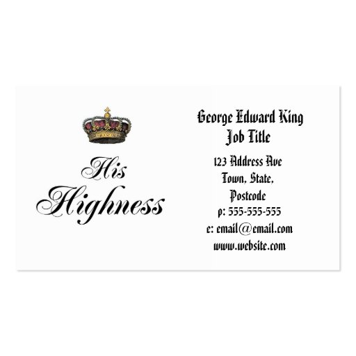 His Highness (part of his and hers set) Business Card Templates (front side)