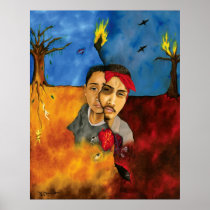 artsprojekt, nichole, camarillo, nichole camarillo, nicholecamarillo.com, art, artist, fine art, mexican art, mexican, mexico, paint, painting, illustration, design, woman, female, print, prints, poster, posters, art poster, art print, archival print, artwork, canvas, canvas print, fine art print, fine art poster, his side, childhood, struggle, life, boy, man, fire, heart, troubled, searching, alone, Poster with custom graphic design