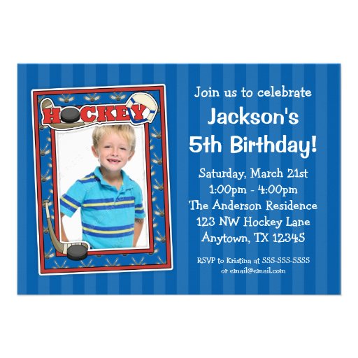 Hockey Photo Birthday Party Blue Invitations