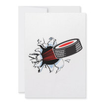 hockey puck ripping through personalized invitations