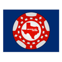 Hold 'Em Poker Chip Postcard (red - blue bckgd)