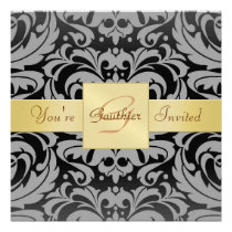 Holiday Black Tie Damask Gold Ribbon Invitation