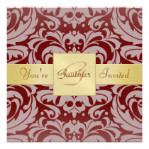 Holiday Burgandy Red Damask Gold Ribbon Invitation