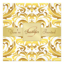 Holiday Gold Damask New Years Ribbon Invitation