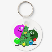 Holiday ornaments surrounding a chirstmas tree keychains