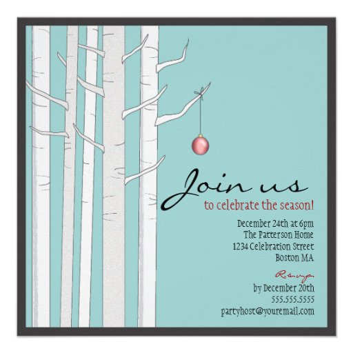 Holiday Party Birch Tree & Red Ornament Invitation (front side)