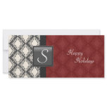 Holiday Party Invite - Deep Red Damask Monogram Custom Rack Card