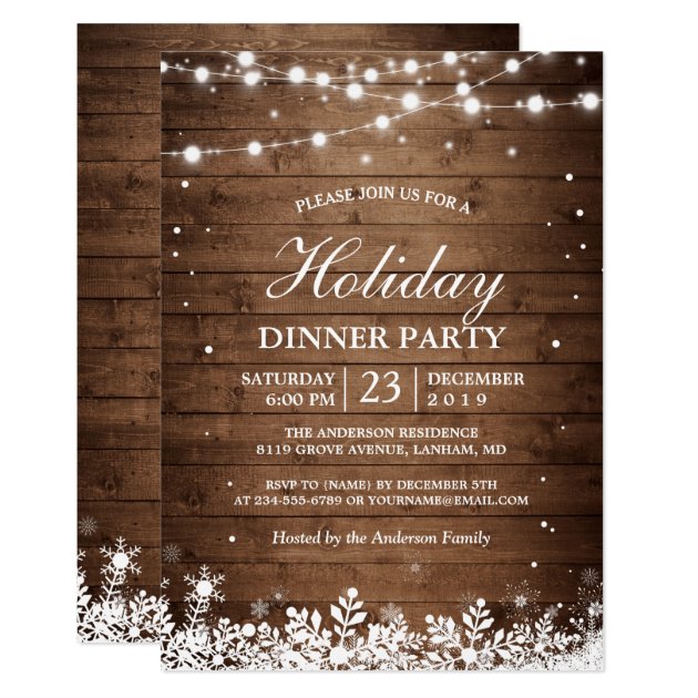 Holiday Party Rustic Wood String Lights Snowflakes Card (front side)