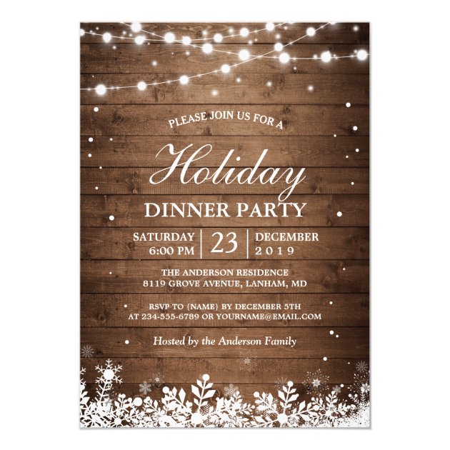Holiday Party Rustic Wood String Lights Snowflakes Card