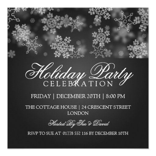 Holiday Party Snowflakes Black Invitations (front side)