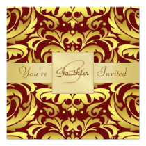 Holiday Red Damask Gold Foil Monogram Invitation
