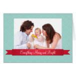 Holiday red satin ribbon ice blue lattice photo card