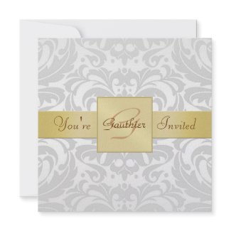 Holiday Silver Damask Gold Ribbon Invitation invitation