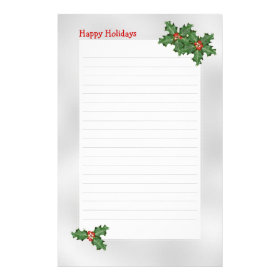 Holiday Themed, Green Holly Lined Writing Paper Custom Stationery