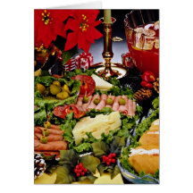 Holiday with deli platter, punch bowl and poinsett greeting card