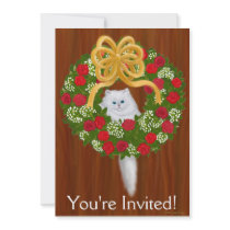 Holiday Wreath Kitten Invitation by twopurringcats Holiday Wreath Kitten Invitation