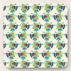 Holly and Jingle Bells Retro Christmas Pattern Beverage Coasters