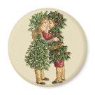 round_magnet - Cute vintage children are sharing a kiss. They are dressed in Holly and Mistletoe.: Sizes 