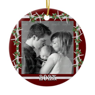 Holly and Starfish Red Family Photo Frame Christmas Tree Ornament