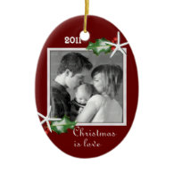 Holly and Starfish Red Oval Family Photo Frame Christmas Tree Ornament