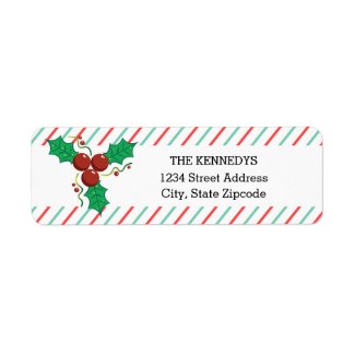 Holly Berries Candy Cane Stripes Holiday Christmas Return Address Label